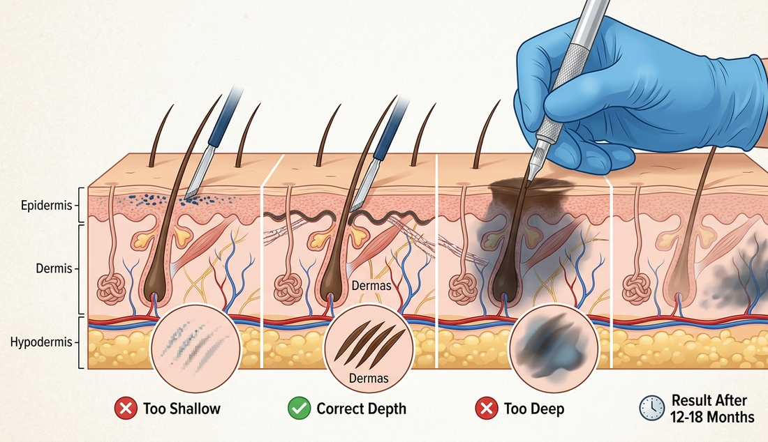 Cómo influye la profundidad de implantación en el resultado del pigmento